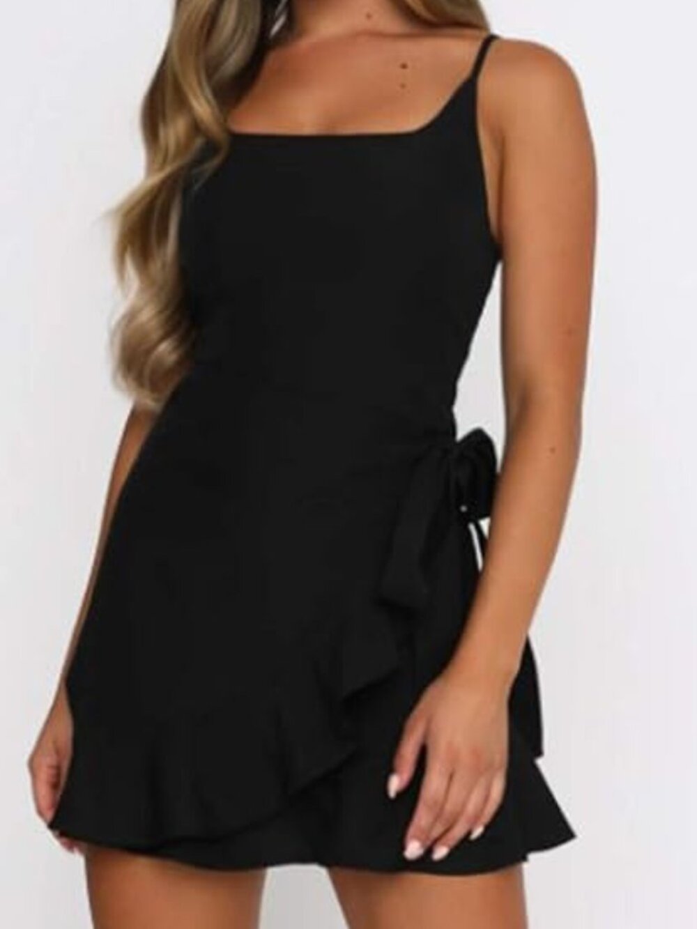 GB Gianni Bini Black Cami Strap Faux Wrap Ruffle Mini Dress